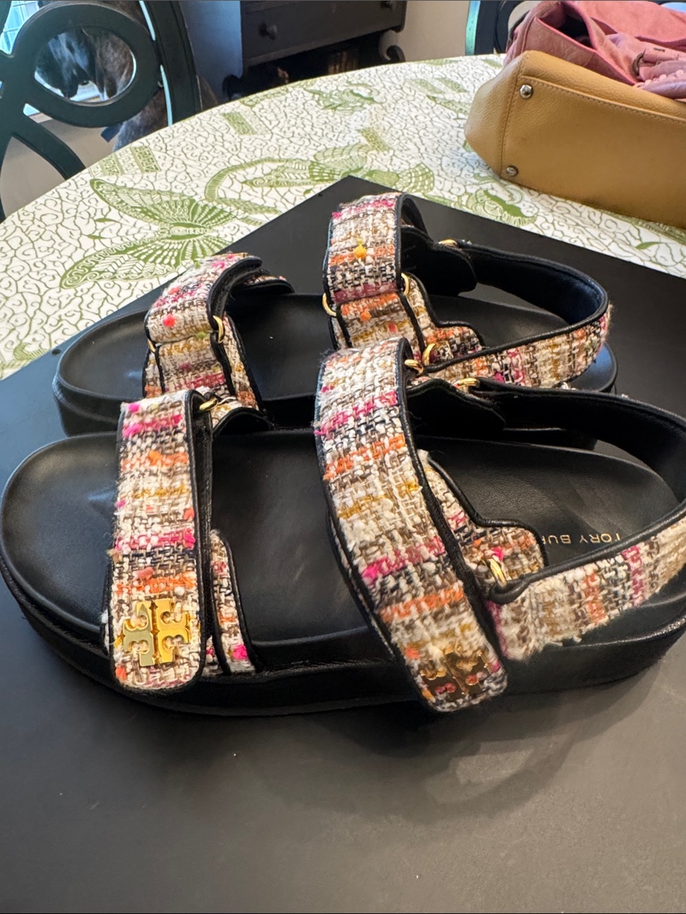 Tory Burch Multicolor Tweed Strap Sandal with Black Footbed - Picture 3 of 4